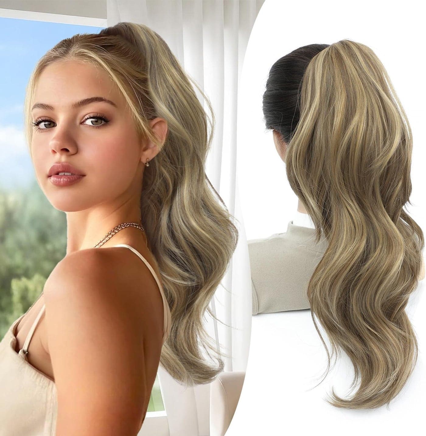 FINE PLUS 20inch Ponytail Extension Curly Wave Layered Claw Clip in Ponytail Hair Extensions for Women Light Brown with Blonde Highlights Fake Pony Tail Hair Hairpieces for Daily Party Use