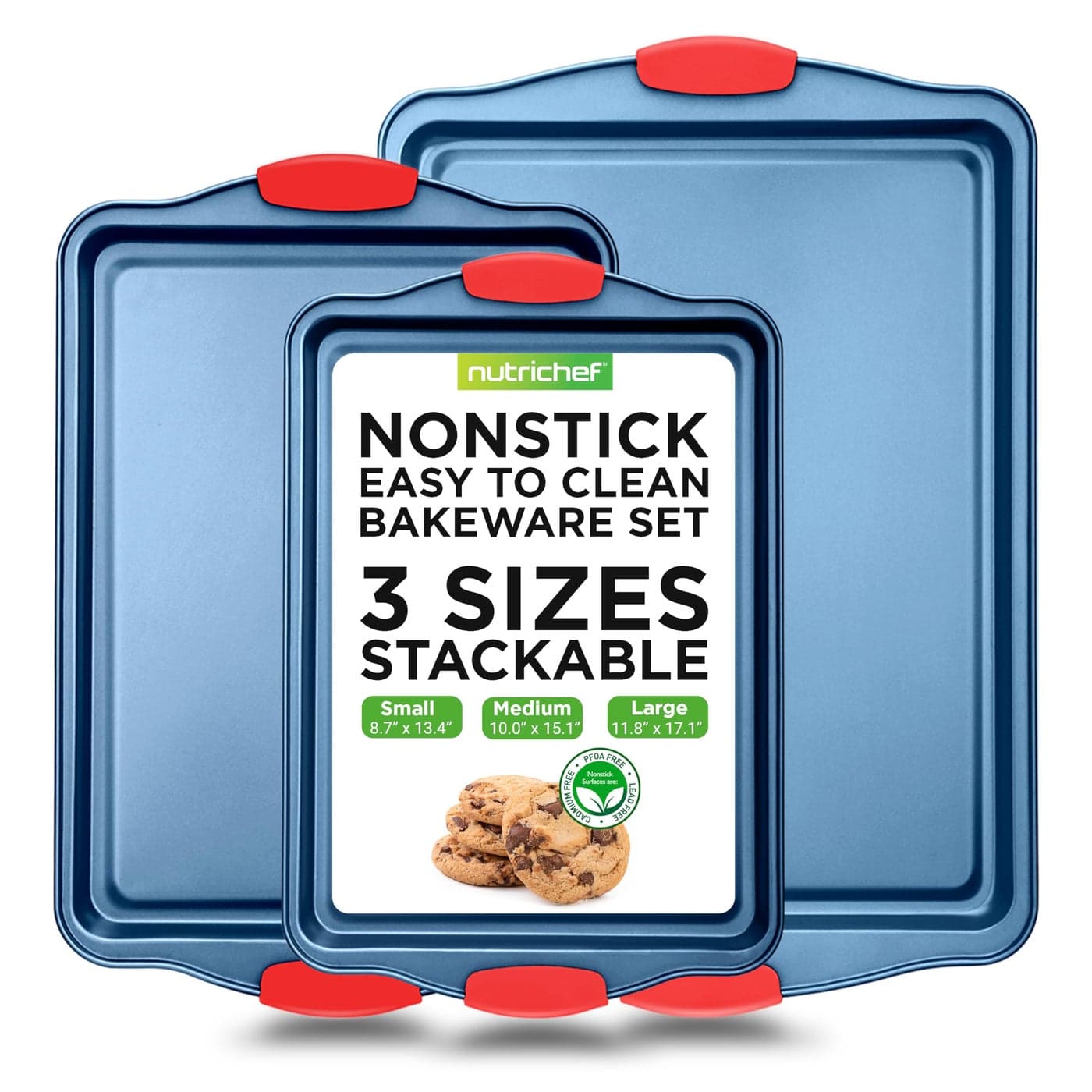 NutriChef Nonstick 3Piece Baking Pans Set Carbon Steel Bakeware with Blue Coating Inside Outside and Red Silicone Handles Durable and Reliable Effortless Baking and Easy Cleanup Blue