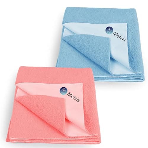 MELVIS Instadry Waterproof Baby Bed Protector Sheet | Anti-Piling Fleece, Extra Absorbent & Quick Dry Baby Sheet | Small Size 50x70cm, Pack of 2 (Sky Blue & Salmon Rose)