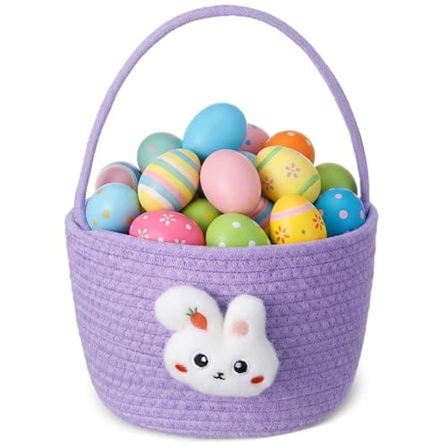 Gandeer 1 Pcs Easter Basket Woven Bunny Bags with Handle Hunting Hunt Bucket Empty Egg Basket with Bunny Accessories for Easter Gift Egg Hunts Party Decorations Purple