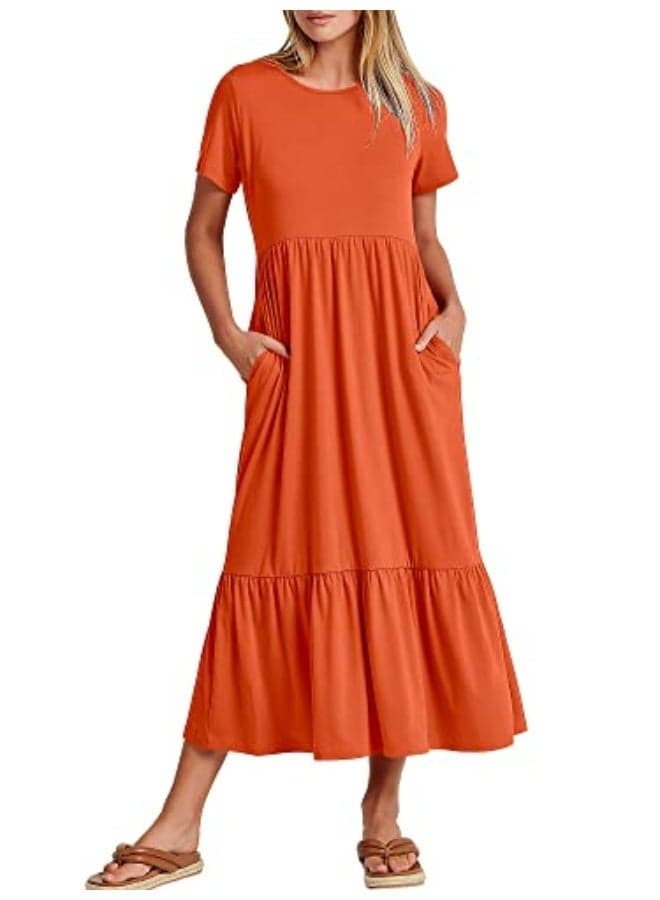 Womens Summer Casual Maxi Dress A line Tiered Flowy Short Sleeve Crewneck T Shirt Beach Travel Long Dresses