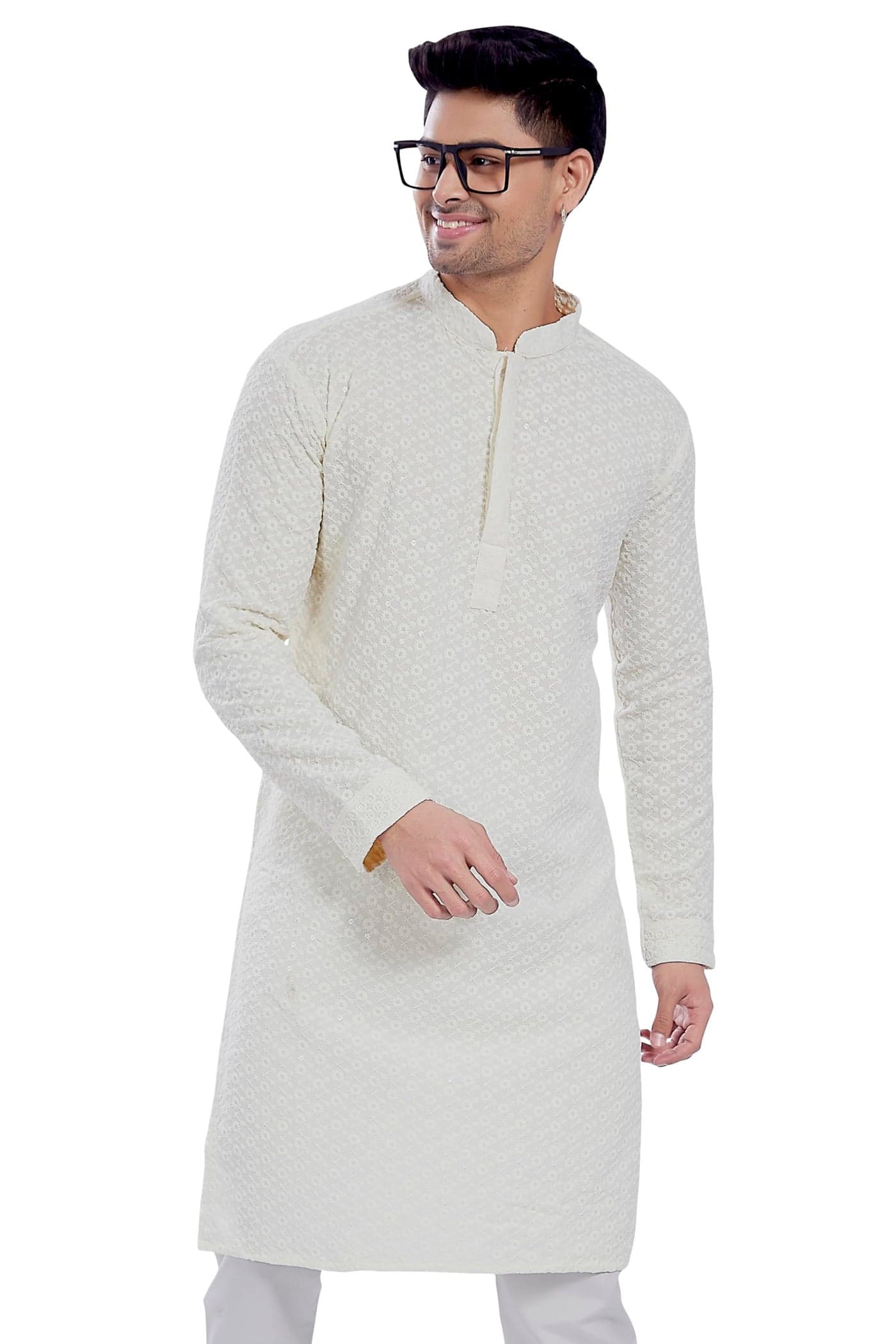 DIVISIVE Men's Sequince Embroidered Cotton Blend Only Slim Fit Kurta (DKRT674_M_Cream)