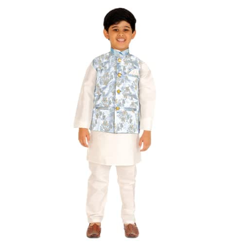 Pro-Ethic Style Developer Kurta Pajama For Kids Boys With Waistcoat | Silk | Floral | Traditional Dress (S-209), 5-6 years, Blue