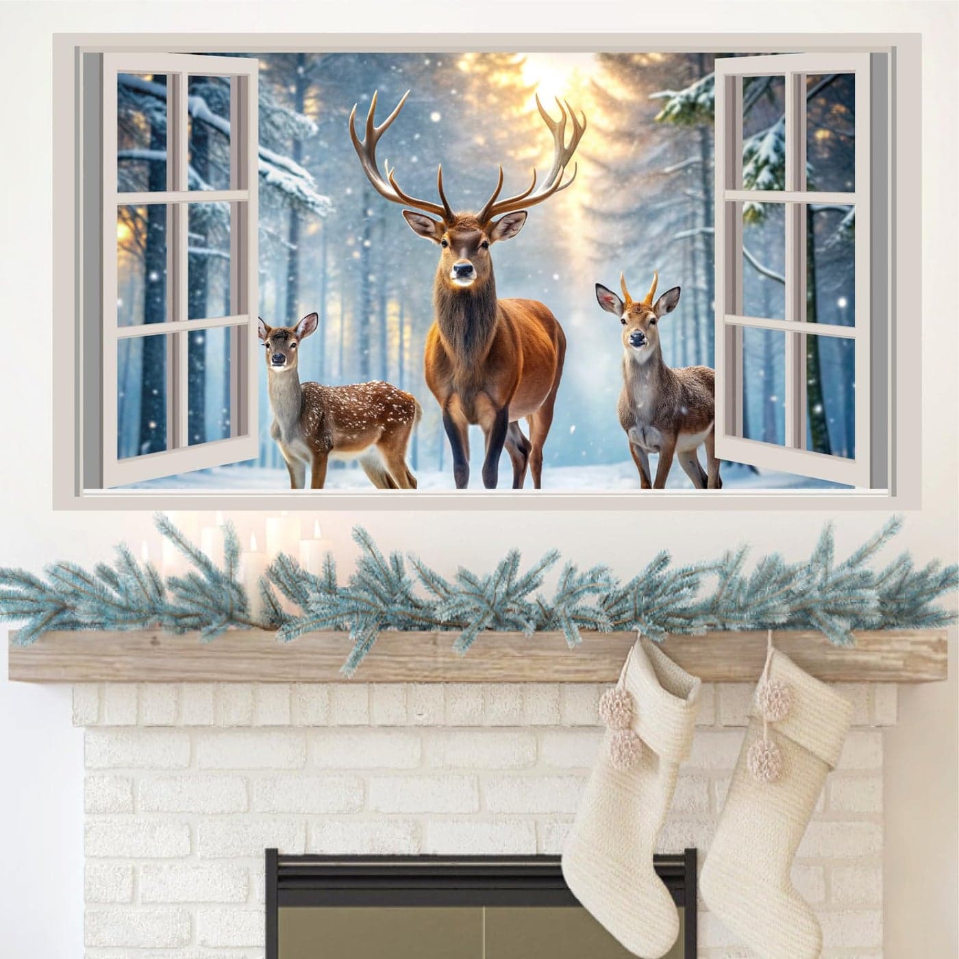 Winter Forest Wall Stickers 3D Fake Window Wall Decal Nature Landscape Faux Windows Wall Sticker Decor Peel and Stick Sunshine Snow Deer Wall Art Murals for Living Room Kitchen Office Home Decoration