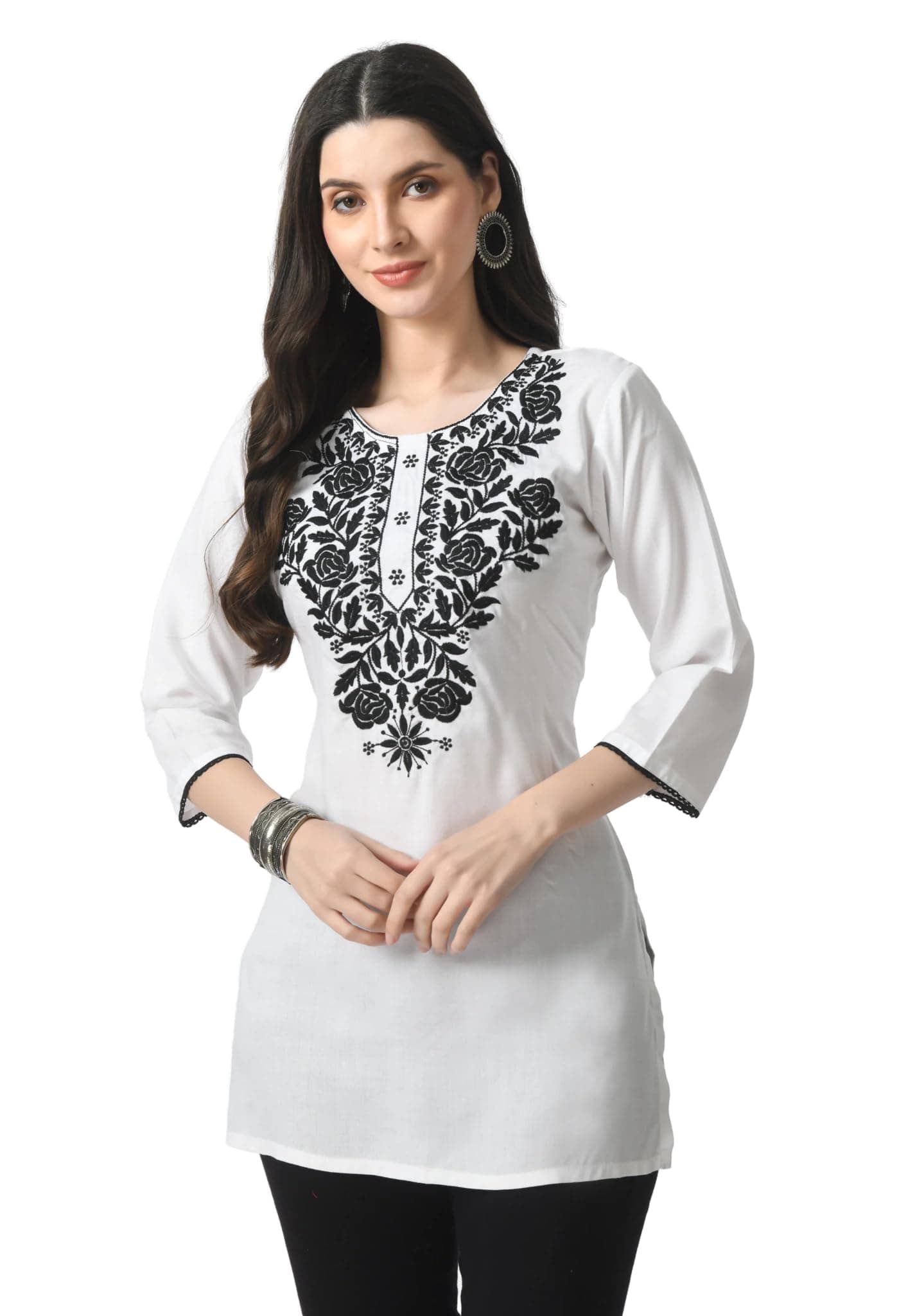 LIBOZA Rayon Kurti For Women - Short Chikankari Kurtis For Girls, Lakhnawi Tunic Top Kurta Design For Ladies, Woman Ethnic Kurthis & Shirt With Sleeve (2Xl, White)