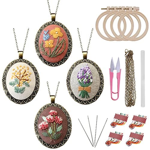 ZOCONE 4 Packs Embroidery Necklace Kits Embroidery Pendant Kit Mini Cross Stitch Kit with 4 Hoops Necklace Pendant Stamped Pattern Cloth Instructions etc Embroidery Kits for Adults