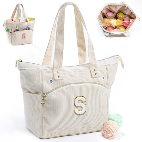 Initial Personalized Corduroy Yarn Bag Tote Storage Holder for Crocheting Knitting Organizer for Hooks Accessories Gift for Crochet Lovers