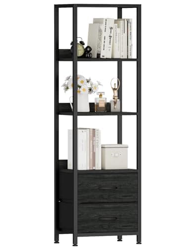 Furnulem 4Tier Corner Shelf Bookshelf with 2 Storage Drawers 5728Tall Narrow Bookcase Standing Shelf Organizer Unit for Living Room Bedroom Metal Frame Wood Display Shelf