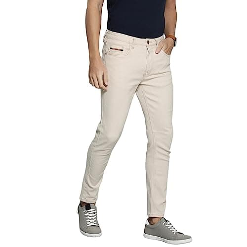 The Indian Garage Co Men Carrot Fit Solid Mid Rise Stretchable Jeans Off-White, 34