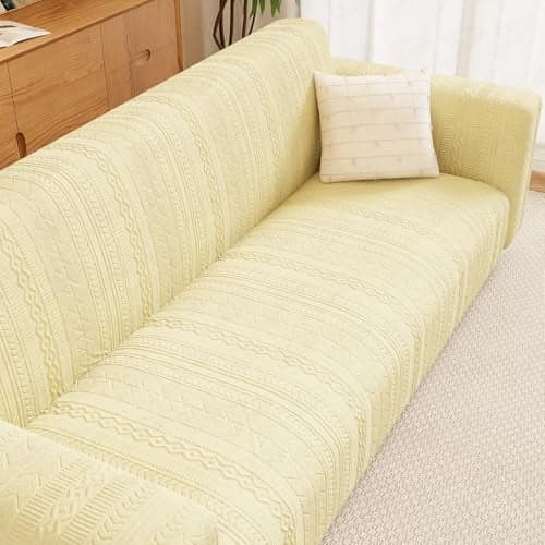 Lukzer 1 Seater Sofa Cover | 240 GSM Stretchable Jacquard Fabric Slipcover | Pastel Yellow Zigzag Pattern | Anti-Slip Elastic Fit | Washable Universal Couch Protector (90-140cm/SC-080-01)