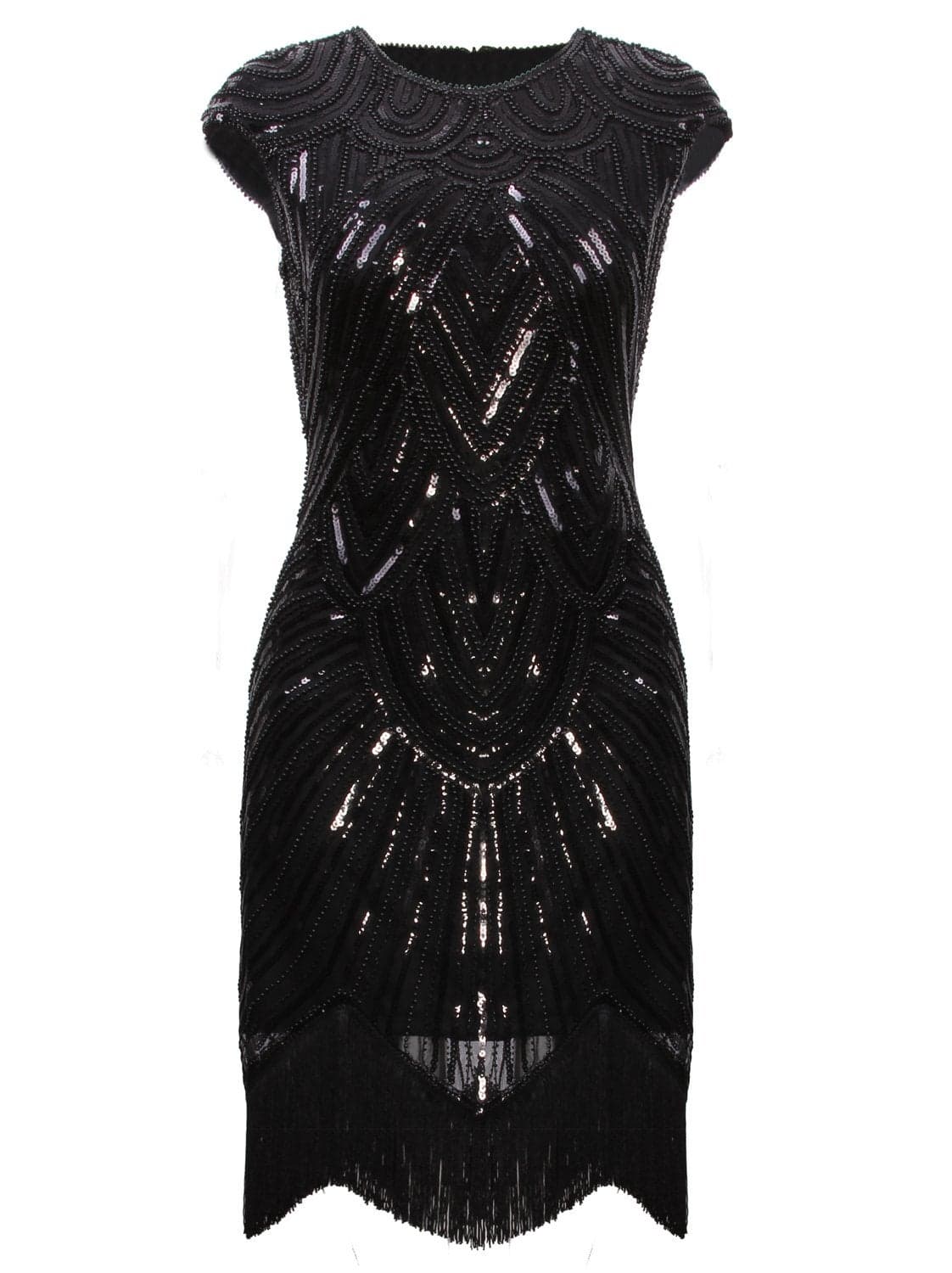 Vijiv Art Deco Great Gatsby Inspired Tassel Beaded 1920s Flapper Dress,Pure Black,Large