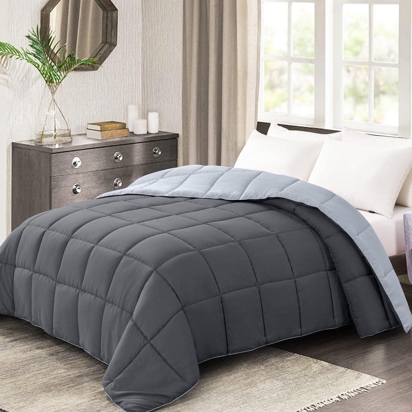 Homelike Moment Oversized Queen Comforter Grey Duvet Insert Down Alternative Bed Comforter Lightweight Bedding Comforters Oversize Queen Quilted Soft All Season Reversible Dark GrayLight Grey