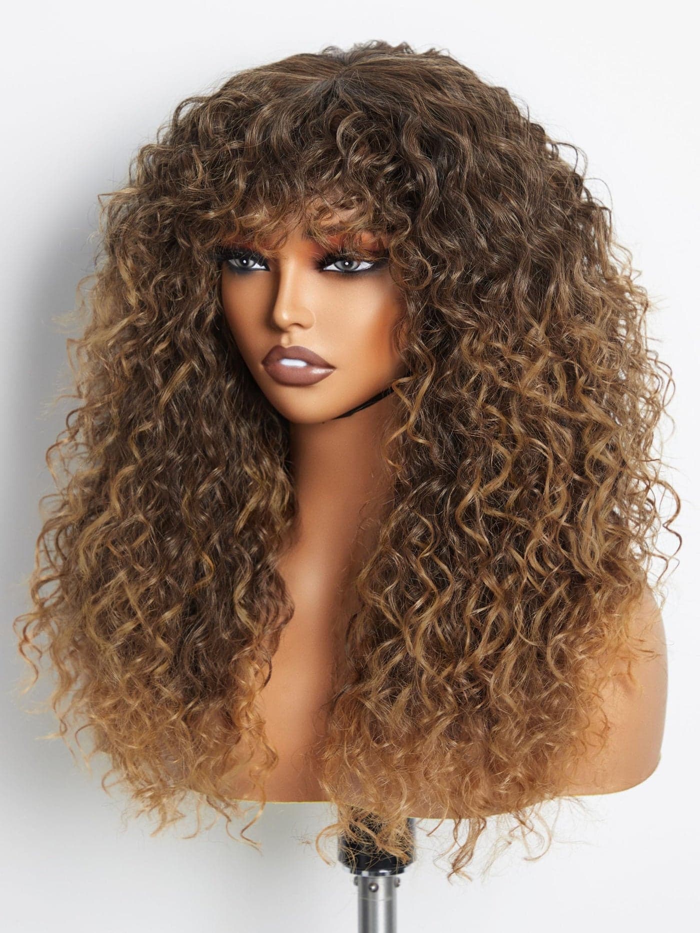GORGIUS Veralux Blend Shaggy Haircuts Ombre Curly Wig with Bangs Honey Colored Wig Crafted with Style-Archive Technology: Premium Fiber & Remy Human Hair Blended, Realistic Look with True Scalp