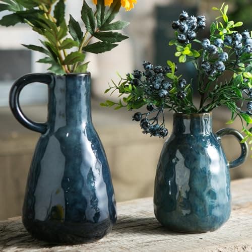 Tanvecle Ceramic Vase Set of 2, Blue Glazed Small Pottery Vases with Handles, Decorative Clay Vase Modern Farmhouse Decor, Centerpiece Dining Table Decorations Porcelain