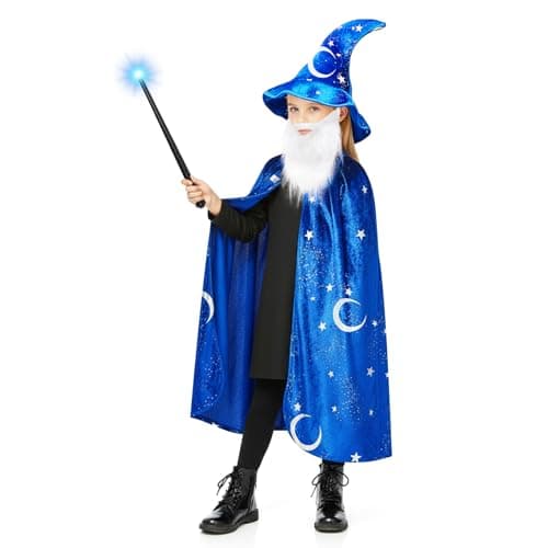 Toulite Wizard Cape for Kids Age 316 Witch Costume Includes Cape Hat Glowing Wand and Beard Suit for Boys GirlsS35yBlue