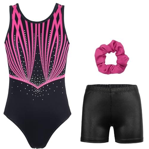 JOYSTREAM Gymnastics Leotards for Girls With Shorts Sparkly Ballet Dance Activewear Rose-red Line,10-11Years
