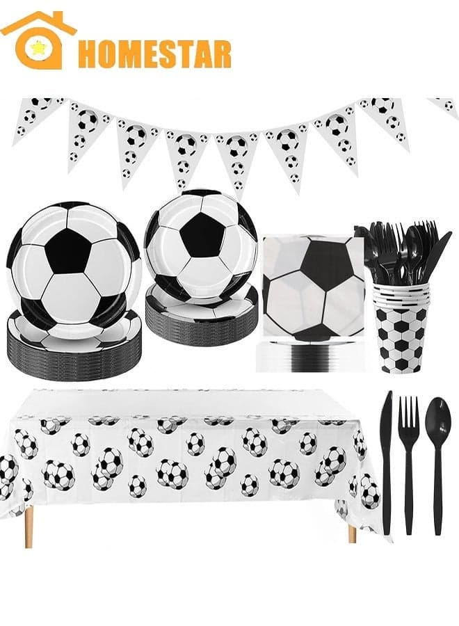 Soccer Birthday Decorations, 82 Pcs Soccer Theme Birthday Decorations for Boys Kids Includes Soccer Plates Cups Napkins Tablecloth Banner Balloons Cake Topper ect Soccer Supplies
