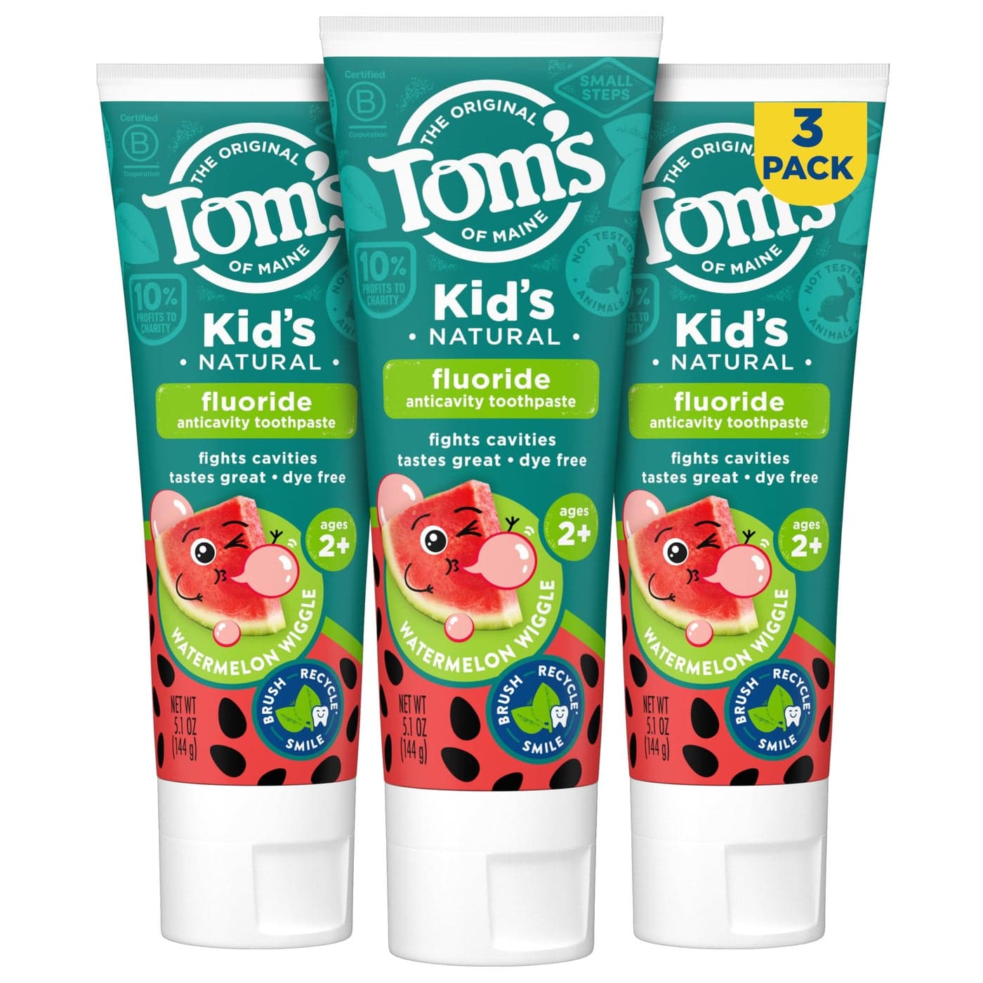 Toms of Maine Watermelon Wiggle Kids Toothpaste with Fluoride Kids Natural Toothpaste For Children Ages 2 and Up Helps Prevent Cavities 51 Oz 3 Pack