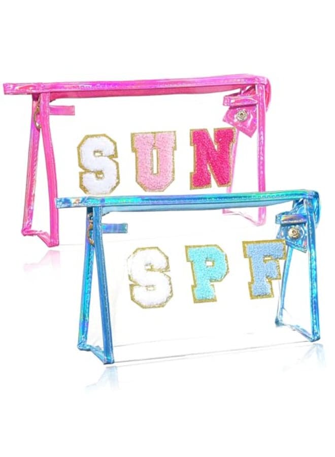 Jeffan 2PCS SUN Bag Chenille Letter SPF Makeup Bag for Beach Clear Pouch with Zipper Preppy Travel Bags Clear Cosmetic Toiletry Bag for Women Girls Teens