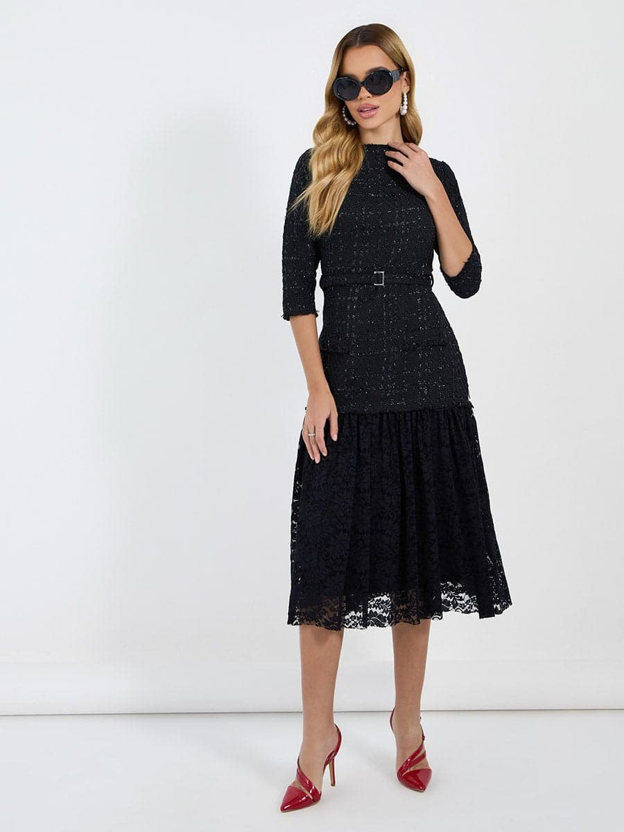 Belted Tweed Lace Dress