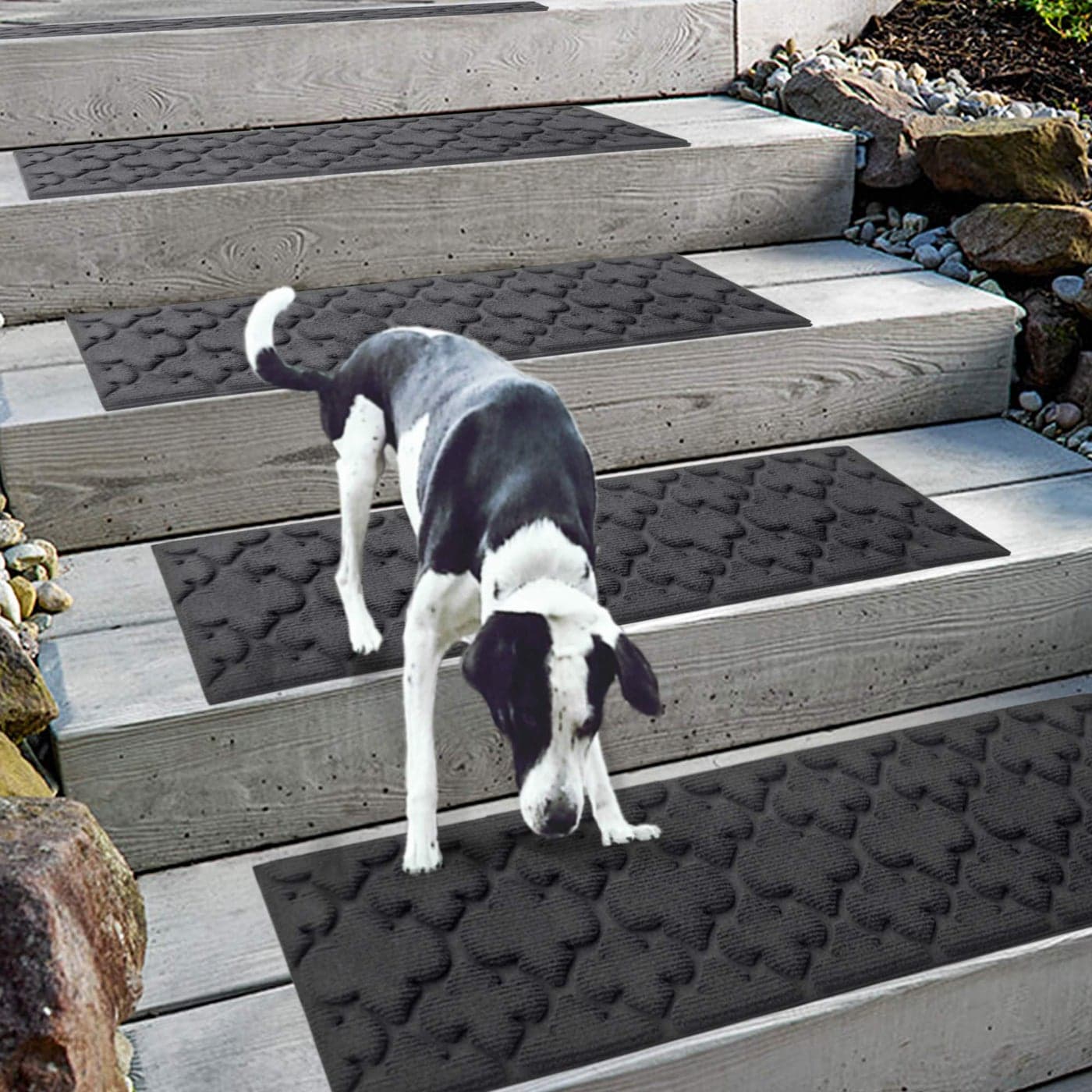 Aucuda Mothers Day 6pcs 85 x 30 Stair Treads Outdoor for Elders and Dogs on Wooden Steps Non Slip Stair Runner Rug Heat Insulation Rubber Backing Gray Cross Staircase Mat Carpet for Farmhouse
