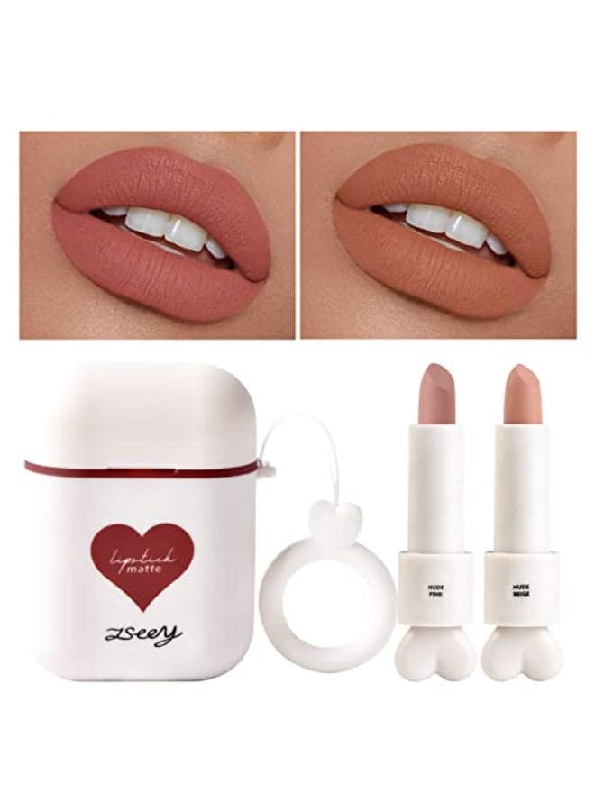 LAMUSELAND Nude Lipstick 2PcSet Waterproof Long Lasting Moisturizing Lip Stain Earphone Dualcolor Lip Gloss Primer Nonstick Cup Lip Make Up Gift Kit for Girls Nude A