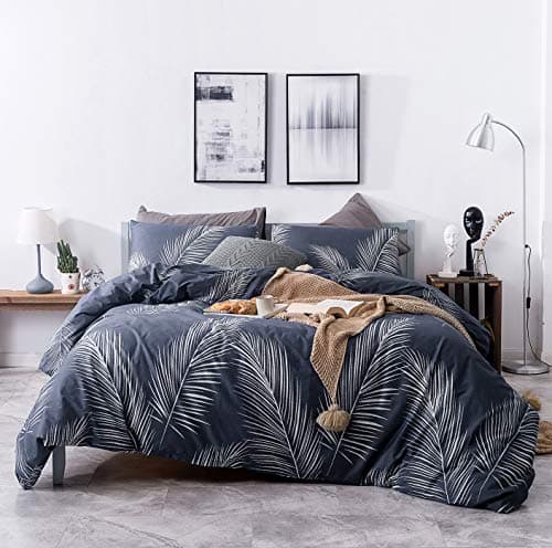 SUSYBAO Blue Tropical Duvet Cover King 100% Cotton 3 Pcs Set 1 Hawaiian Botanical Duvet Cover with Zipper Ties 2 Pillowcases Modern Coastal Navy Blue Palm Leaves Pattern Bedding Set Soft