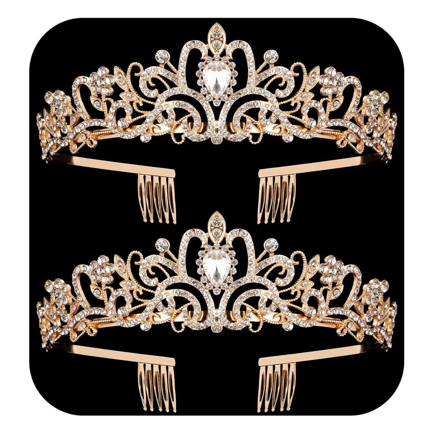 2 Pack Gold Crystal Crowns Tiara for Women Girls Elegant Princess Rhinestone Crown with Combs Bridal Wedding Headbands Prom Birthday Party Halloween Hair Accessories Jewelry Gifts for Women Girls