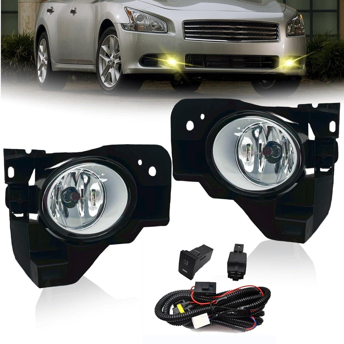 Fog Lights Compatible with 2009 2010 2011 2012 2013 2014 Nissan Maxima with H11 12V 55W bulbs Switch and Wiring Kit Clear Lens