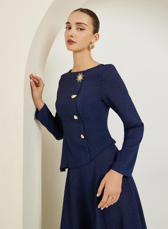 Navy Blue Embellished Button Tweed Top