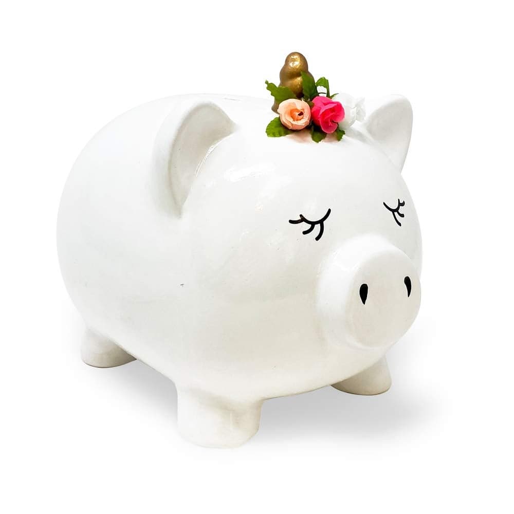 Isaac Jacobs Ceramic Pigicorn Money Bank Cute Piggy Bank Princess Unicorn Pig with Floral Wreath Girls Room Decor Kids Cartoon Animal Coin Bank Fun Keepsake Gift for Children and Teens White