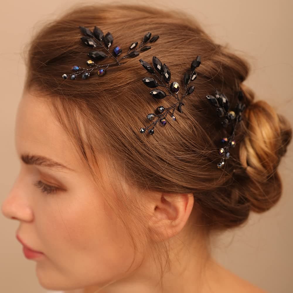 Bridal Black Rhinestone Hair Pins Women Crystal Wedding Hair Accessory Black Teardrop Crystal Hair Pins for Women and Girls3pcs