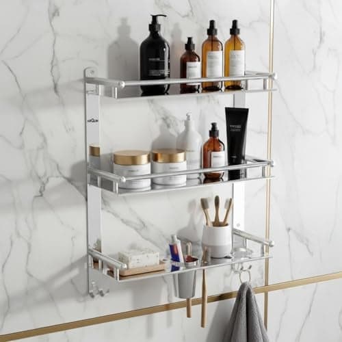 ARQUIN Bathroom Shelf 3 Layer Bathroom Accessories Set | Bathroom Organiser Shelf Multipurpose Stainless Steel 3 Tier Shelf with Double Soap Dish & Toothbrush Holder Tumbler Holder