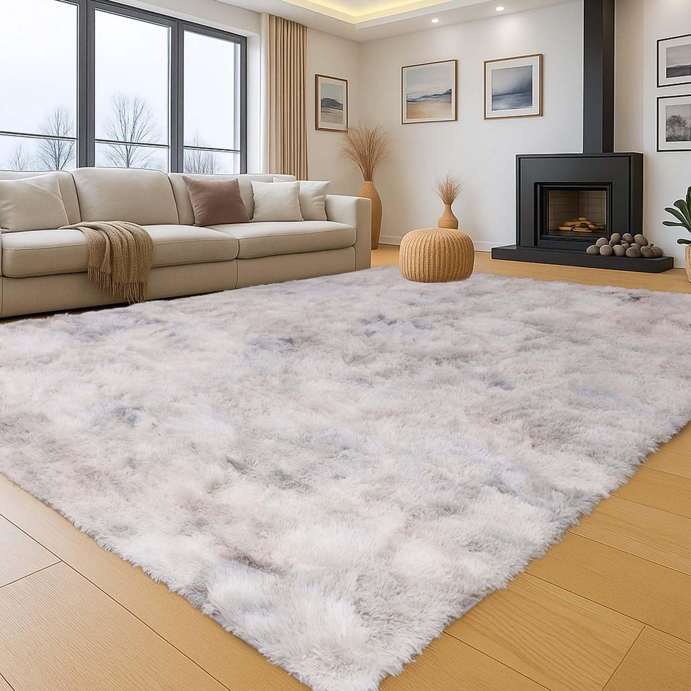 Aspire Homeware Rugs Living Room Large 160x230 cm TieDye Light Grey Area Rugs for Bedroom Anti Slip Modern Super Soft Plush Carpets for Lounge Fluffy Shaggy Bedside Large Rugs for Living Room
