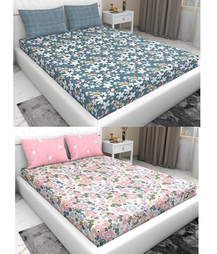 RD TREND® Presents Luxurious Glace Cotton Super Soft 210 TC King Size bedsheet Combo (100x108 Inch) with 4 Pillow Covers Color-Pink & Grey Pattern-Floral