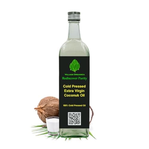 Village Organica Extra Virgin Coconut Oil 500 ml (Glass Bottle) | Cold Pressed from Fresh Coconut Milk (Not Copra) | Unrefined, No Heat Processing | Edible Coconut Oil for Cooking, Baby Massage, Oil Pulling, Skin & Hair Care