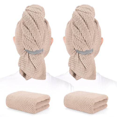 BEoffer 2 Pack Microfiber Hair Towel - 41 x 24 inches Super Soft, Absorbent, Fast Drying Without Frizz Hair Towel Wrap for Women Long, Thick, Curly Hair - Hair Turbans with Elastic Strap