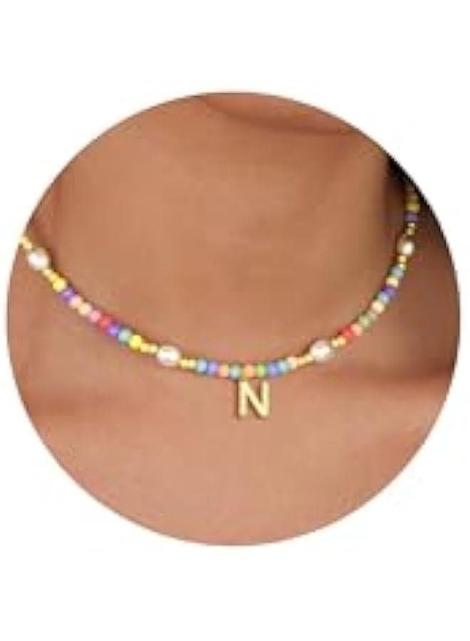 Trendy Dainty Colorful Beaded Pearl Initial Necklace for Girls and Women Handmade 14K Gold Plated Letter Choker Birthday Jewelry Gift for Teen Kids