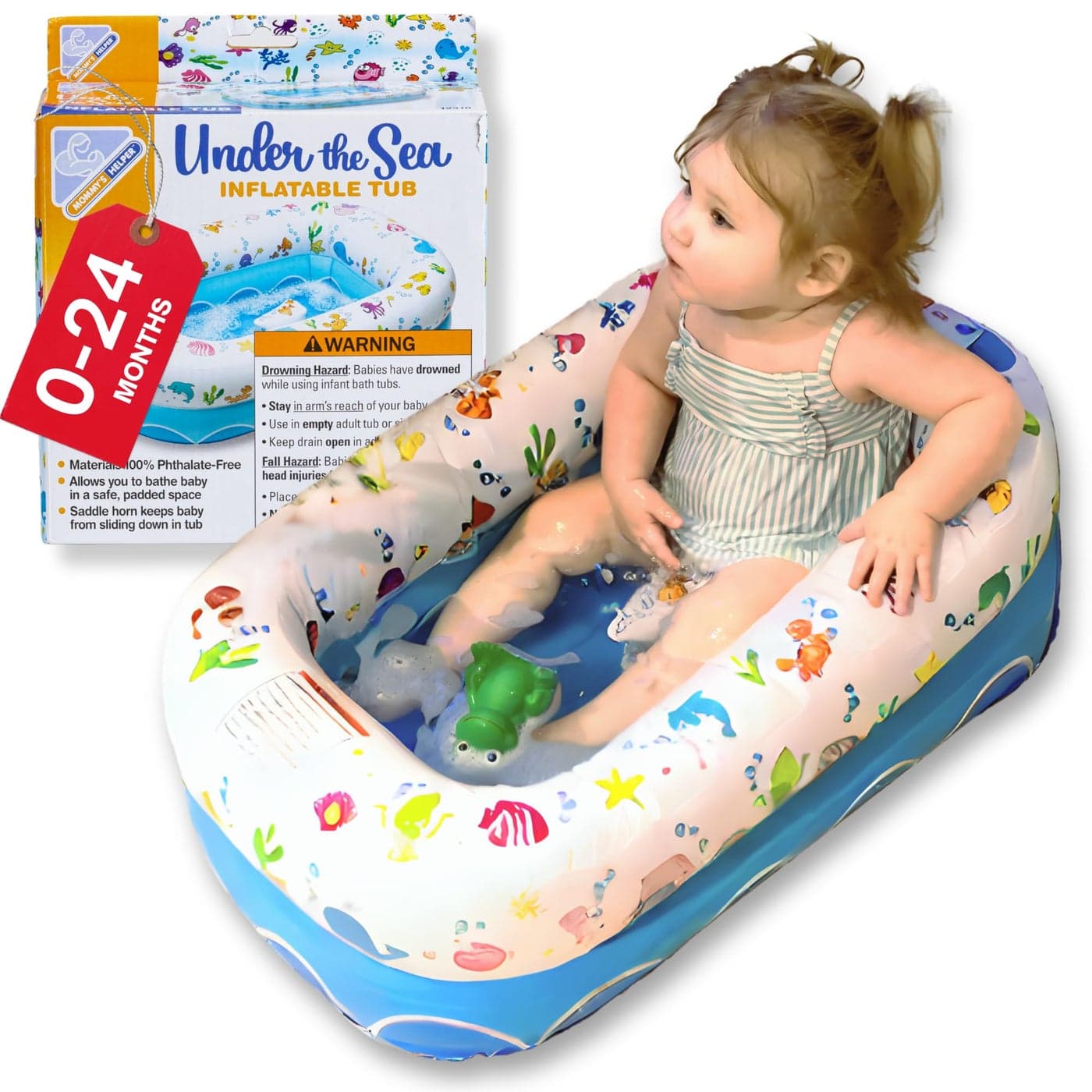 Mommys Helper Inflatable Under The Sea Baby Bathtub Collapsible Safe Baby Bath Tub with AntiSliding Saddle Horn Seat Must Have Travel Toddler Bath Portable Bathtub Recommended Months 6 to 24