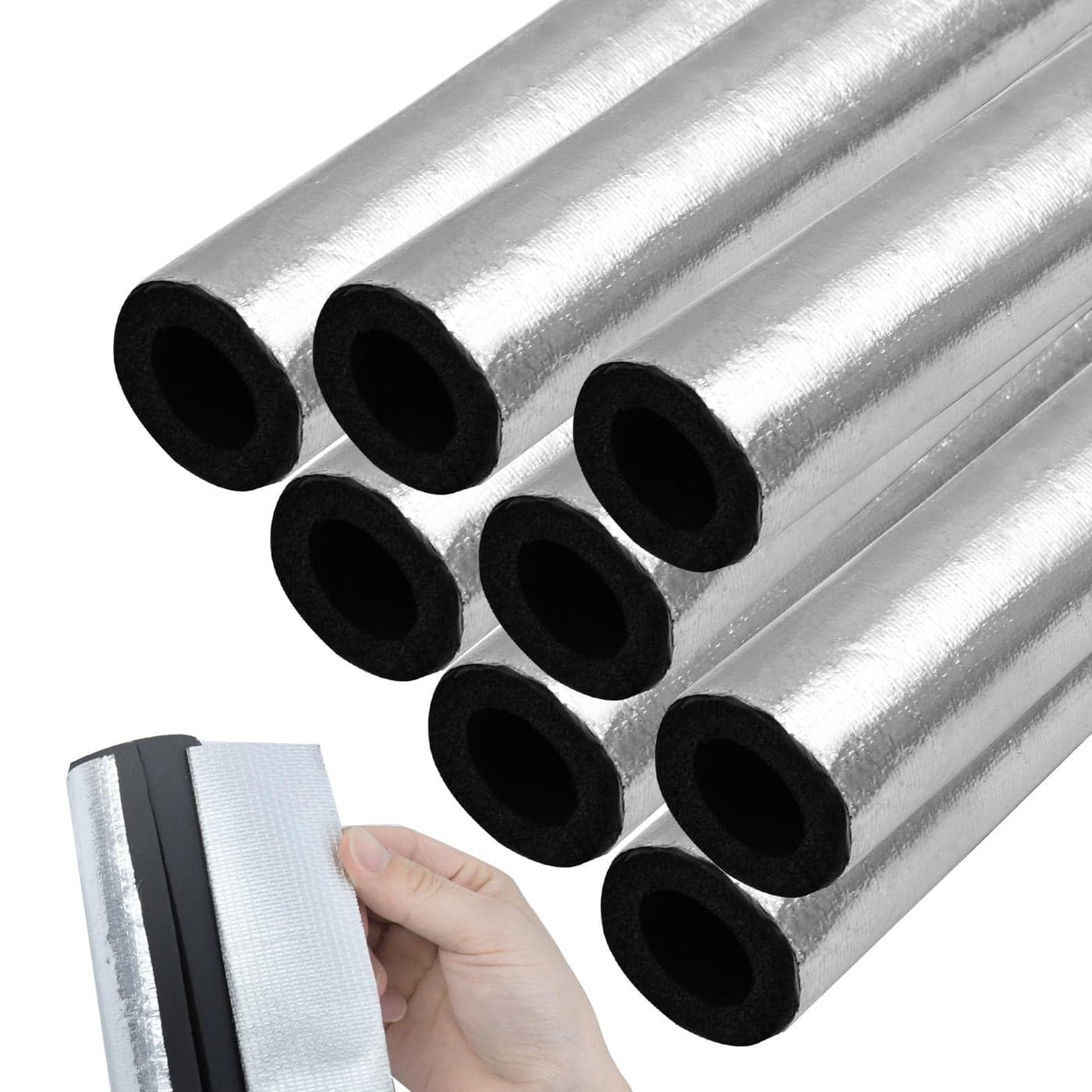 8PCS Pipe Insulation Foam Tube Self Adhesive Exterior Water Pipe Insulation Cover Wrap Aluminum Foil Freeze Protection for Outside Outdoor Winter Irrigation Sprinkler Spigot Isolation 13Ft06Inch