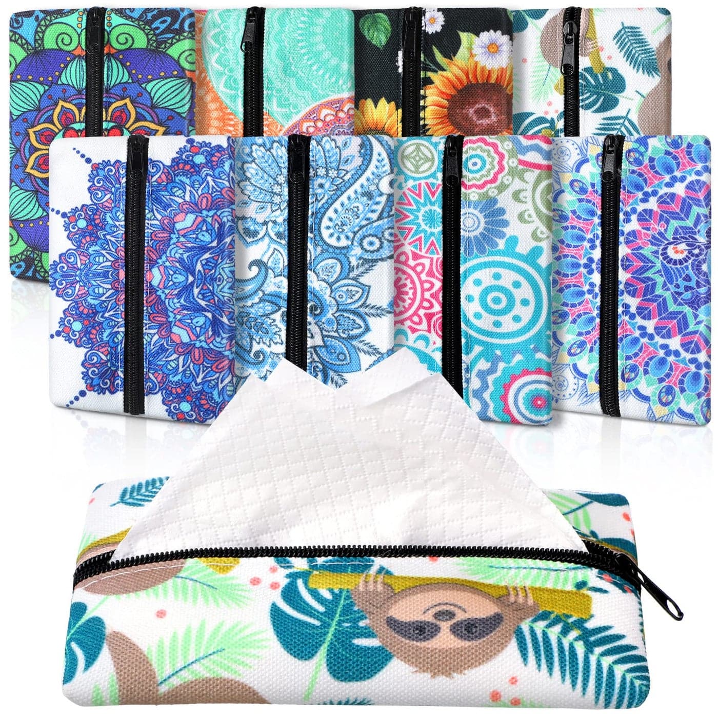 Fabbay 8 Pieces Purse Tissue Holder Reusable Travel Tissue Pouch Fabric Zipper Purse for Bag Car Office HomeFloral