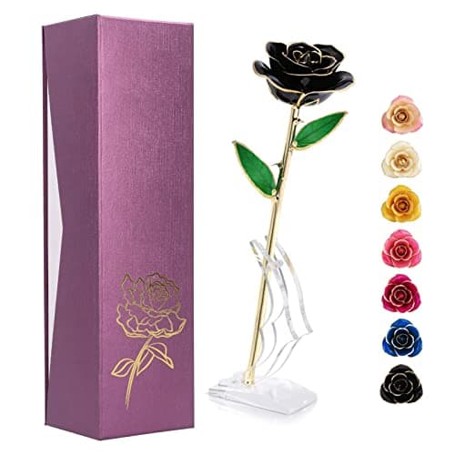 24K Gold Dipped Black Rose Long Stem Forever Preserved Rose Flowers, Christmas Day Valentine's Day Anniversary Birthday for Her Women Wife Mother Girlfriend, Black Rose with Stand