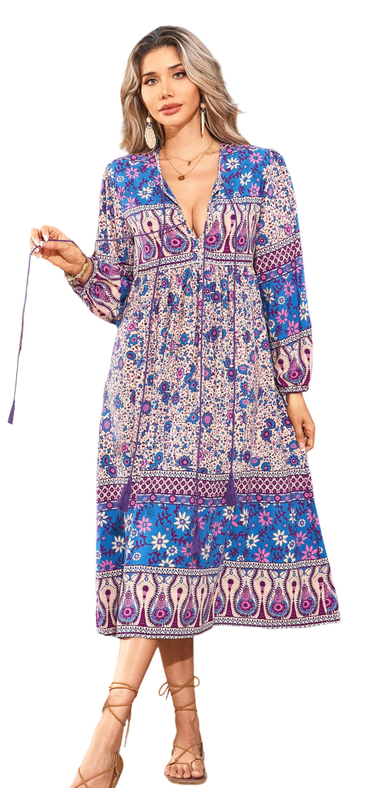 RVivimos Womens Long Sleeve Floral Print Retro V Neck Tassel Bohemian Midi Dresses Small Purple