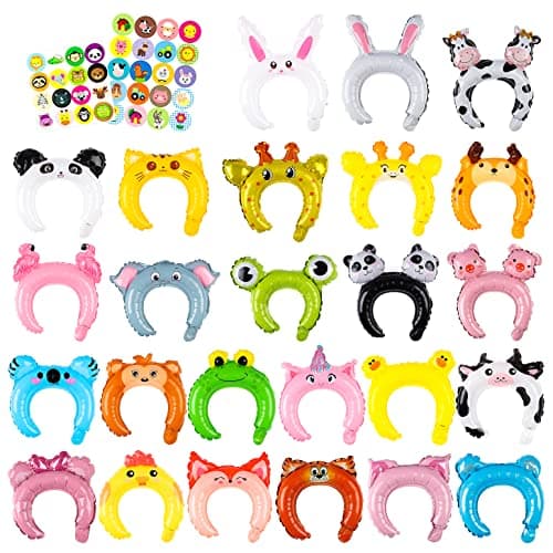 MALLMALL6 100p Zoo Animal Inflatable Headbands Wildlife Balloon Hair Hoop Include Forest Safari Farm Animals Jungle Theme Birthday Party Supplies with Animal Stickers Party Favors Costumes for Kids