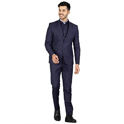 WINTAGE Mens Polyester Cotton Plain Blue Three Piece Suit : 46/ 2XL