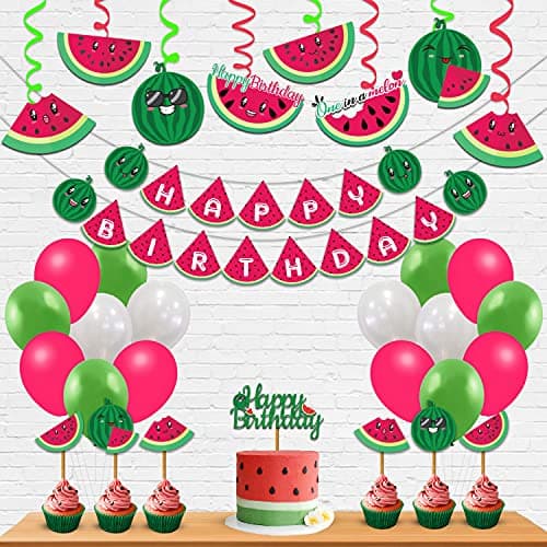 Festiko® Watermelon Theme Birthday Party Decorations Items for Baby Boys/girls/Kids Supplies-6months/1st/One/(All in One Happy Birthday Banner,Swirls,Balloons,Cake Toppers,Cup Cake Topper,Ribbons)- 36 Pcs