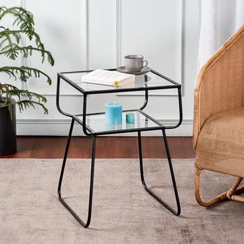 nestroots Multipurpose Metallic Nightstand Side Table for Bedroom Glass Table | Bedside Table | Corner Table for Living Room Decor | Room Decoration Items | 21.1 Inch Height, Black Finish