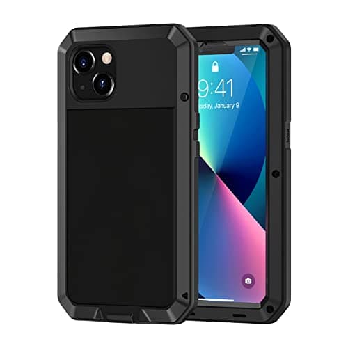 Lanhiem for iPhone 13 Metal Case, Heavy Duty Shockproof Tough Rugged Case with Built-in Glass Screen Protector, 360 Full Body Protective Cover for iPhone 13 6.1 inch, Black