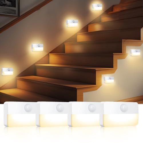AMIR 4 Pack Mini Motion Sensor Stair Light for Indoor, Battery-Powered LED Night Light, 40 Lumen 3000K, Cordless Closet Lights, Safe Lights for Stairs, Hallway, Bathroom, Kitchen, Cabinet