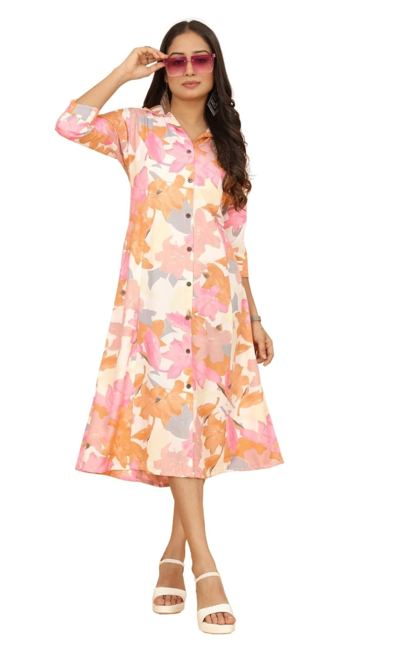 KESUDI A Line Dresses for Women Western Rayon Floral One Piece Dress for Women | Stylish Flared Roll Tab Sleeve | Knee Length Midi Maxi Dress | Wear as Beach, Party Pink